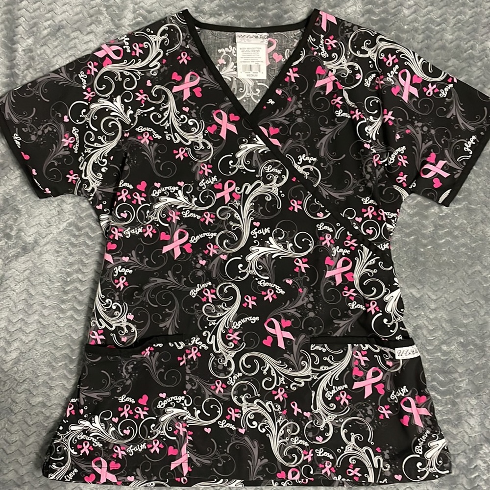 Medium Breast Cancer Awareness Scrub Top & Medium Black Scrub Bottoms - Picture 2 of 7
